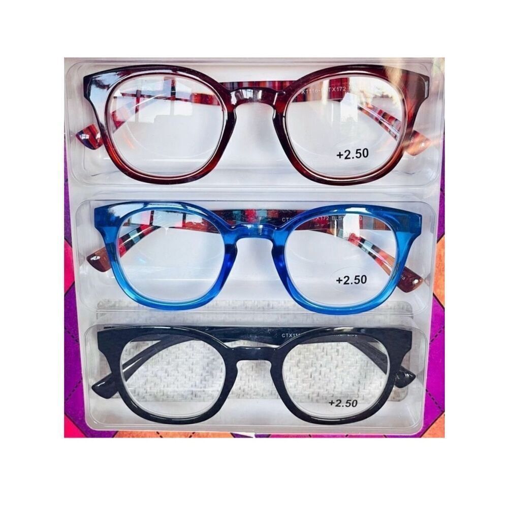 NWT 3 Pack 2.50 TAHARI Premium Eye Reading Glasses Black, Blue & Brown & Striped